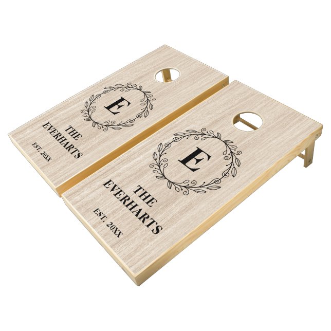 Monogram Rustic Wood Grain Family Cornhole Set (Angled)