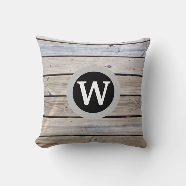 Monogram Rustic Wood Planks Pattern Throw Pillow (Front)