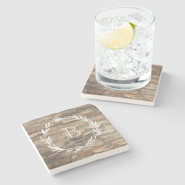 Monogram Rustic Wood Style Stone Coaster (Side)