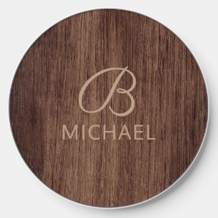 Monogram Rustic Wood Timber Personalized Name Wireless Charger
