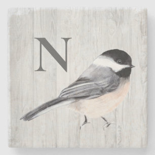 Monogram Rustic Woodgrain Watercolor Bird Stone Coaster