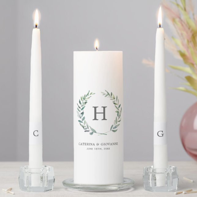 Monogram Rustic Wreath Greenery Wedding Unity Candle Set (In Situ)