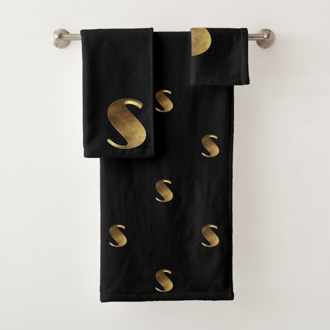 Monogram S Black and Gold Look Elegant Typography Bath Towel Set (Insitu)