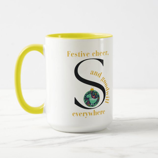 Monogram S Dinosaur Festive Cheer and Goodwill  Mug (Left)