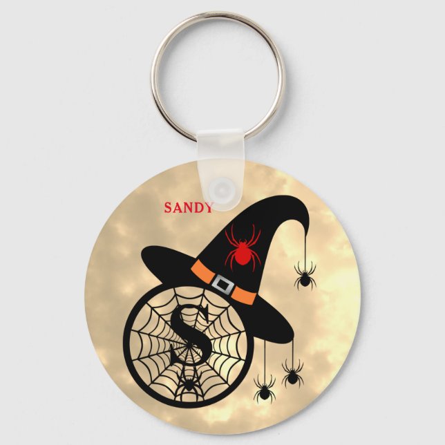 Monogram S Halloween Sky Witch Spiders Name Keychain (Front)