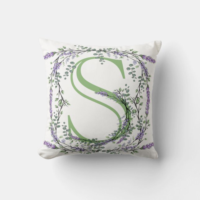 Monogram S, Lavender Eucalyptus watercolor floral  Throw Pillow (Front)