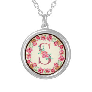 Monogram S Letter with Peony Flower Image Silver Plated Necklace