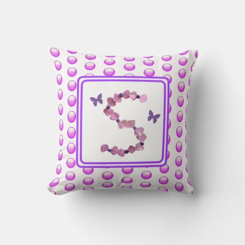 Monogram S Pink Purple Flowers Polka Dot Initial Throw Pillow