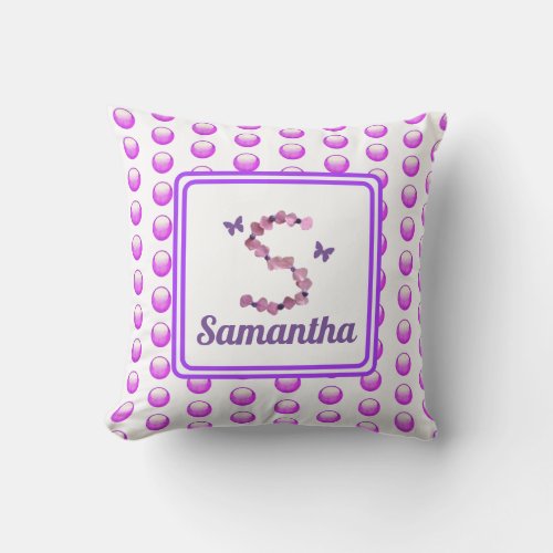 Monogram S Pink Purple Flowers Polka Dot Initial Throw Pillow