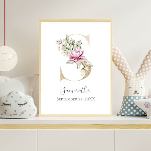 Monogram S Pink White Floral Gold Letter Nursery  Poster