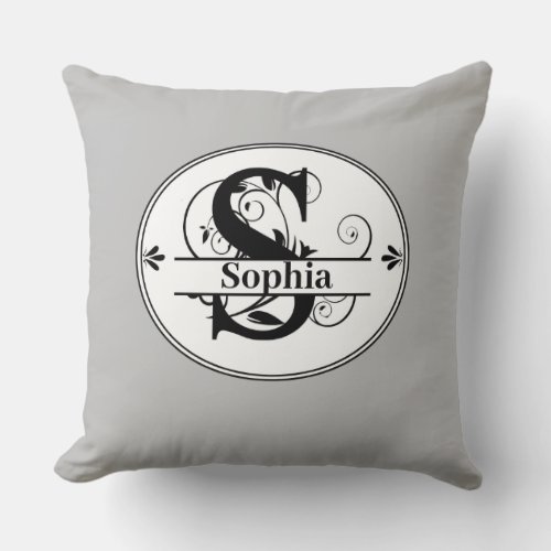 Monogram S with full name and colorchoice Throw Pillow