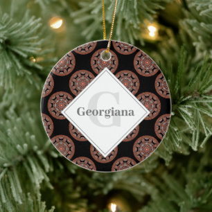 Monogram Safari Sunset Bohemian Polka Dot Mandala Ceramic Ornament