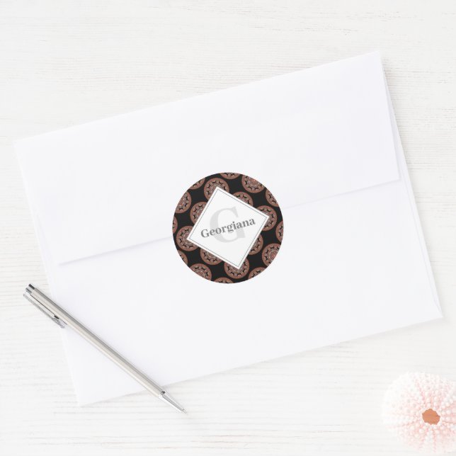 Monogram Safari Sunset Bohemian Polka Dot Mandala Classic Round Sticker (Envelope)