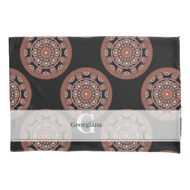 Monogram Safari Sunset Bohemian Polka Dot Mandala Pillow Case (Front)