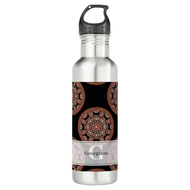 Monogram Safari Sunset Bohemian Polka Dot Mandala Stainless Steel Water Bottle (Front)