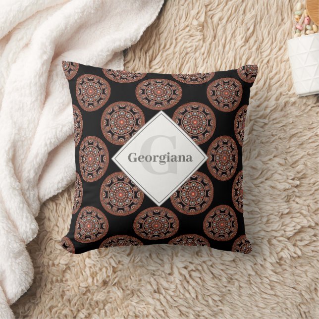 Monogram Safari Sunset Bohemian Polka Dot Mandala Throw Pillow (Blanket)