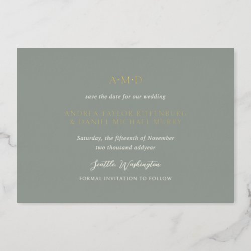 Monogram Sage Formal Elegant Wedding Save The Date Foil Invitation