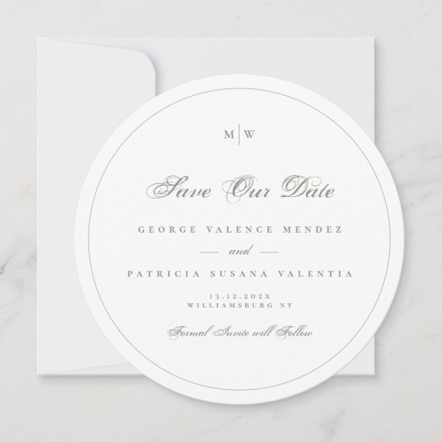 Monogram Sage Gray Green Frame Photo Save The Date Invitation (Front)