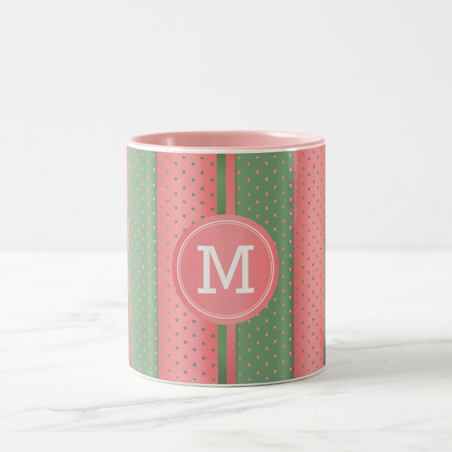 Monogram Sage Green and Coral Polka Dots Two-Tone Coffee Mug (Center)