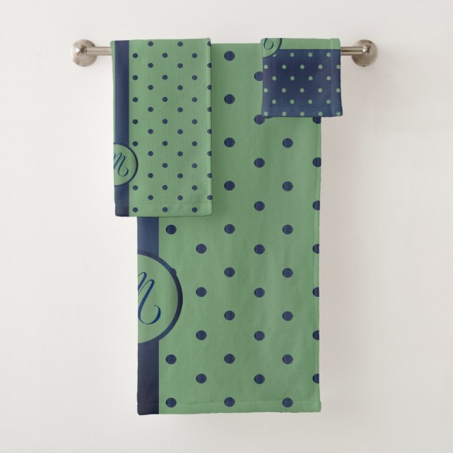 Monogram Sage Green and Slate Polka Dot Pattern Bath Towel Set (Insitu)