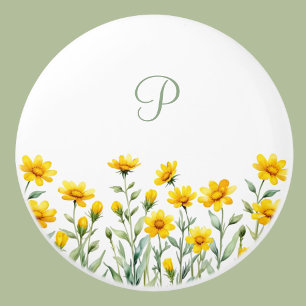 Monogram Sage Green and Yellow Wild Flowers   Ceramic Knob