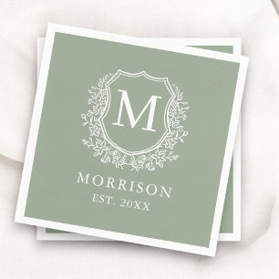 Monogram Sage Green Crest Botanical Wedding Napkins