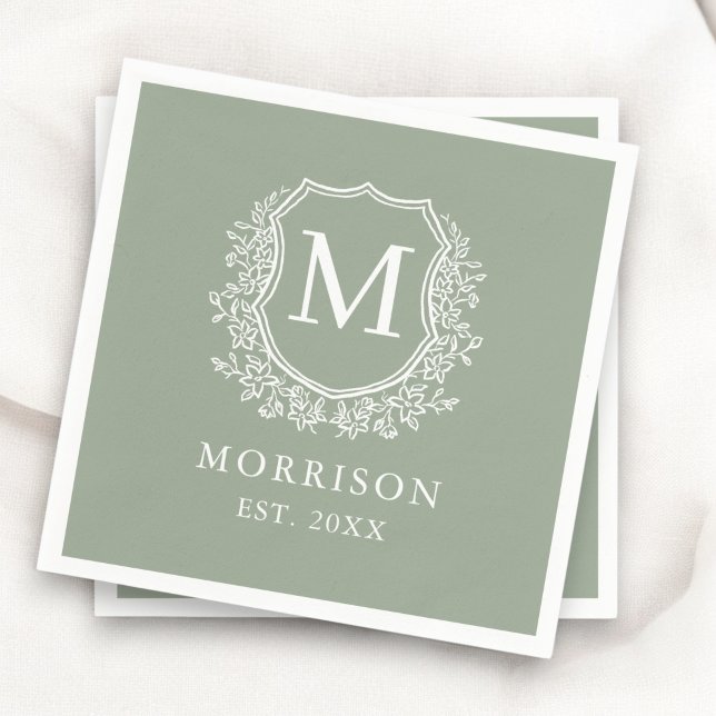 Monogram Sage Green Crest Botanical Wedding  Napkins (Creator Uploaded)