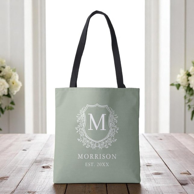 Monogram Sage Green Crest Botanical Wedding  Tote Bag (Creator Uploaded)