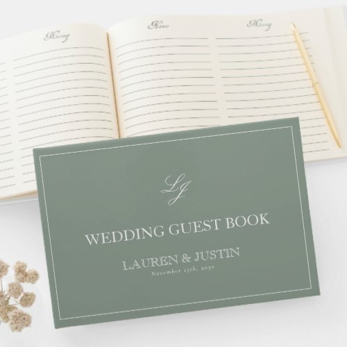 Monogram Sage Green Elegant Calligraphy Wedding Guest Book