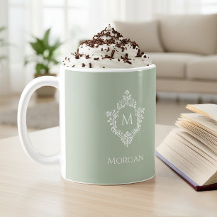 Monogram Sage Green Elegant Vintage Crest Initial Coffee Mug
