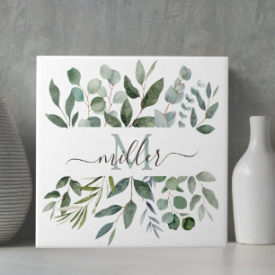 Monogram Sage Green Eucalyptus Greenery Leaves Ceramic Tile