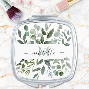 Monogram Sage Green Eucalyptus Greenery Leaves   Compact Mirror