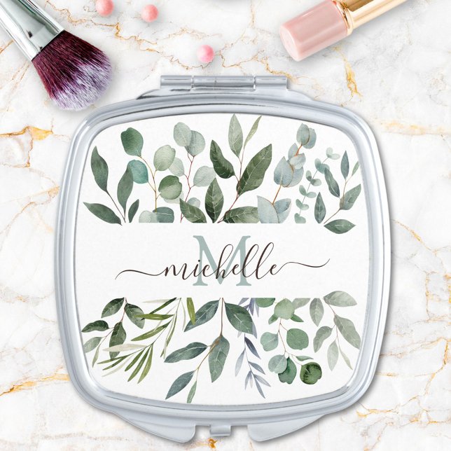 Monogram Sage Green Eucalyptus Greenery Leaves   Compact Mirror (In situ)