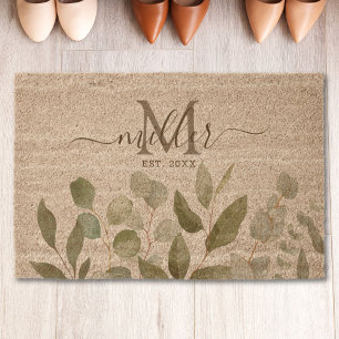 Monogram Sage Green Eucalyptus Greenery Leaves   Fiber Doormat