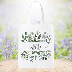 Monogram Sage Green Eucalyptus Greenery Leaves Grocery Bag