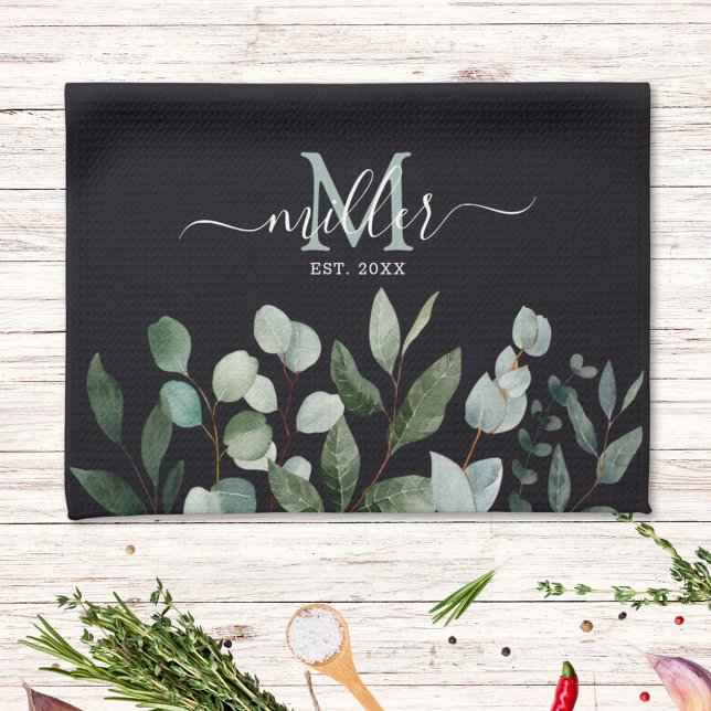 Monogram Sage Green Eucalyptus Greenery Leaves   Kitchen Towel (In situ)