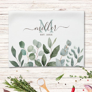 Monogram Sage Green Eucalyptus Greenery Leaves Kitchen Towel
