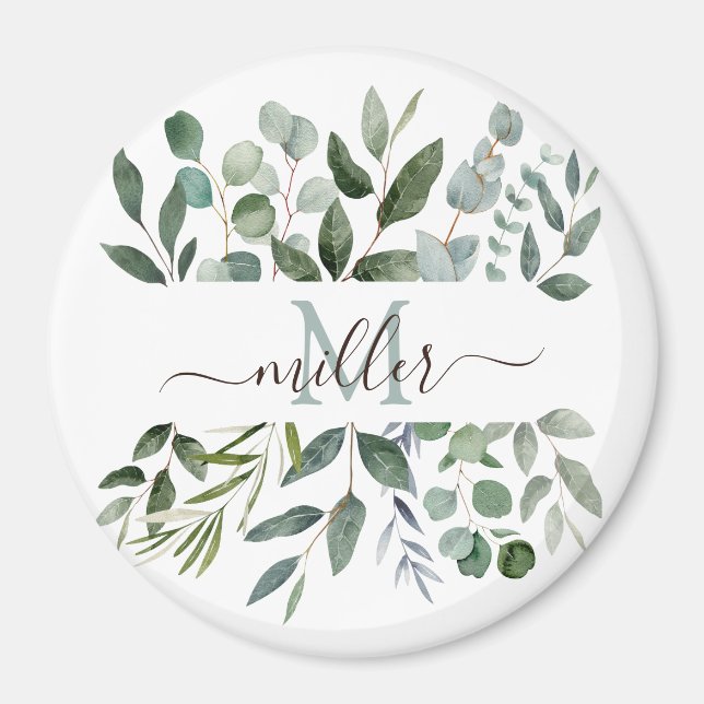 Monogram Sage Green Eucalyptus Greenery Leaves   Magnet (Front)