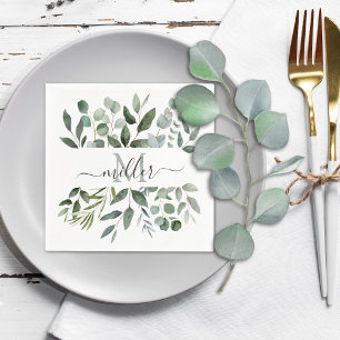 Monogram Sage Green Eucalyptus Greenery Leaves Napkins