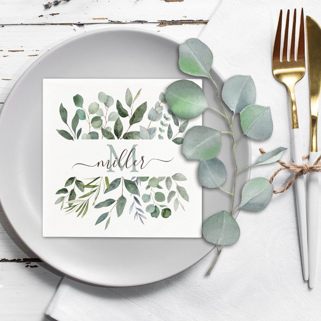 Monogram Sage Green Eucalyptus Greenery Leaves   Napkins (In situ)