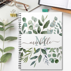 Monogram Sage Green Eucalyptus Greenery Leaves Notebook