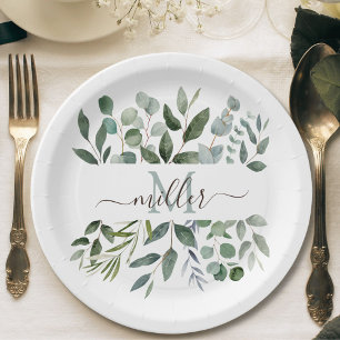 Monogram Sage Green Eucalyptus Greenery Leaves   Paper Plates