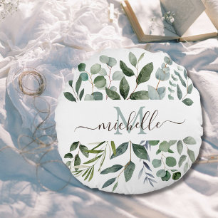 Monogram Sage Green Eucalyptus Greenery Leaves Round Pillow