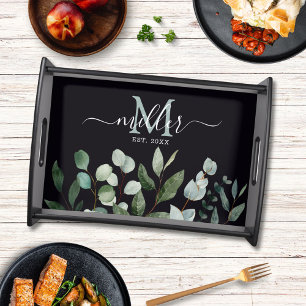 Monogram Sage Green Eucalyptus Greenery Leaves Serving Tray