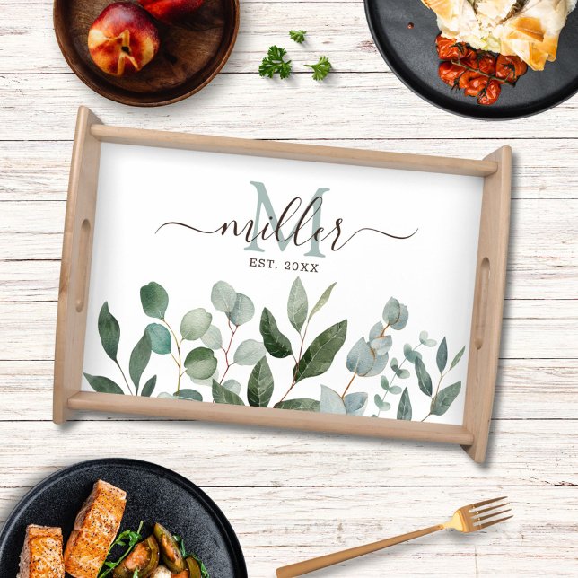 Monogram Sage Green Eucalyptus Greenery Leaves   Serving Tray (In situ)