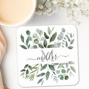 Monogram Sage Green Eucalyptus Greenery Leaves Square Paper Coaster