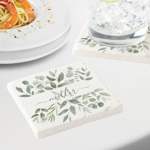 Monogram Sage Green Eucalyptus Greenery Leaves Stone Coaster
