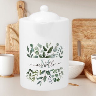 Monogram Sage Green Eucalyptus Greenery Leaves Teapot