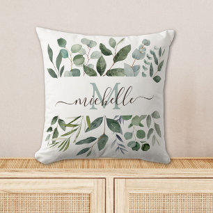 Monogram Sage Green Eucalyptus Greenery Leaves   Throw Pillow