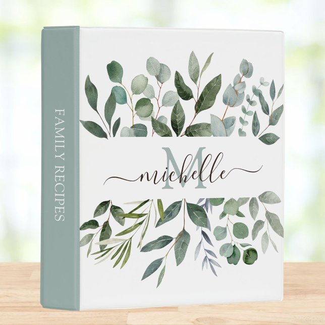 Monogram Sage Green Eucalyptus Greenery Recipe  Mini Binder (In situ)